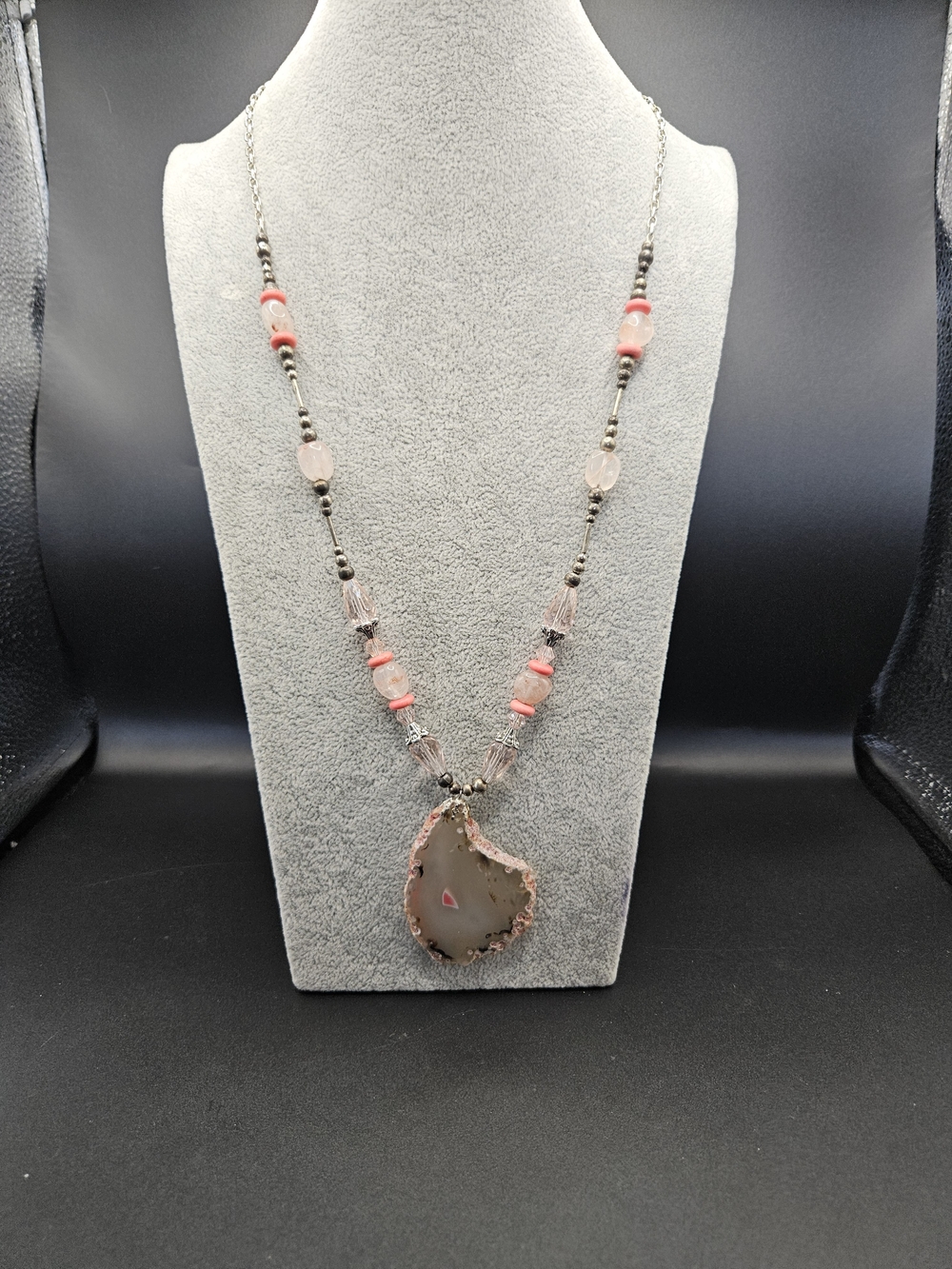Handcrafted Pink Agate Pendant Necklace With Crystal Accents 26 Inches